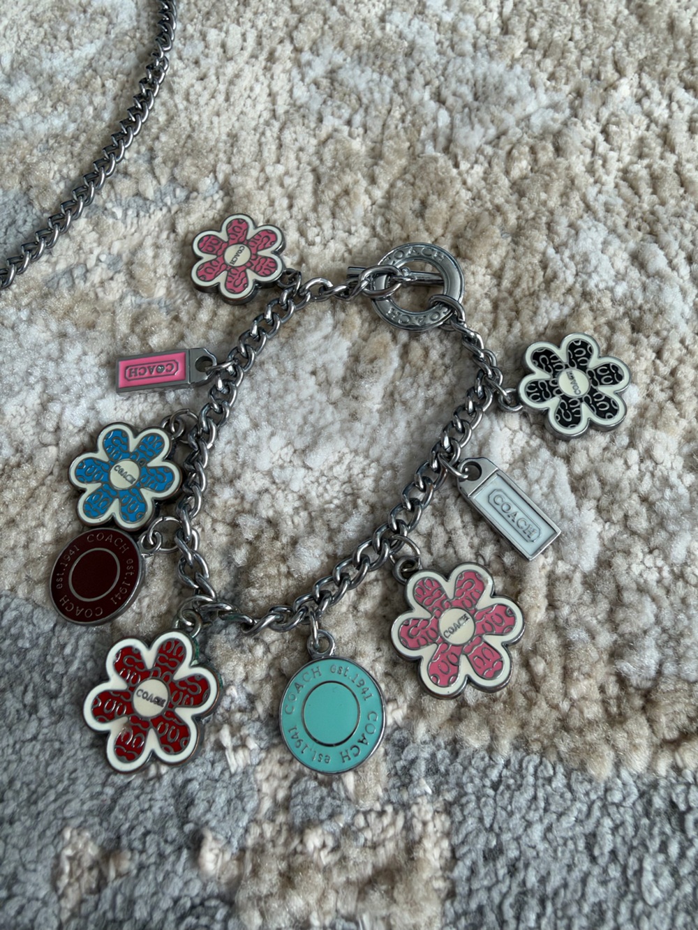Coach Silver Chain Charm Necklace with Pink & Turquoise Flower Charms - Picture 6 of 6
